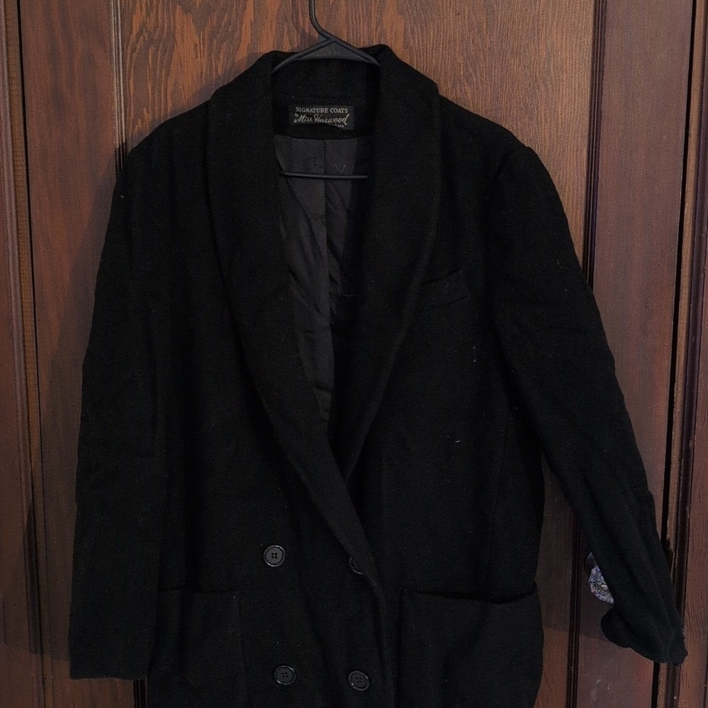 Vintage Miss Harwood Signature Coats Wool Double Breasted Below Knee Black - Picture 3 of 6